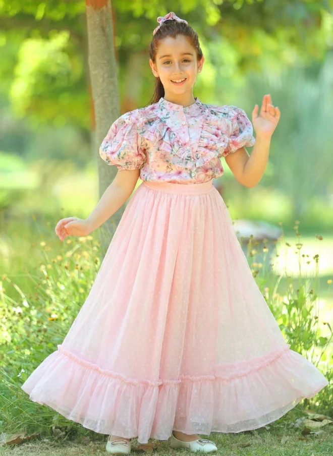 Luxe & Hardy بلوزة حريرية خالصة مطبوعة بياقة صينية للبنات مع تنورة